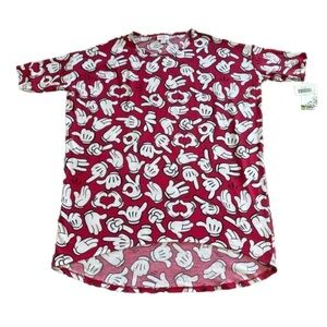 Disney x LuLaRoe Irma Tunic Top Red Shirt Mickey Mouse Hands Print Sz Small